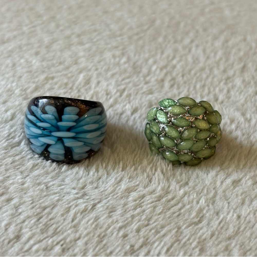 Chunky Glass Blue Ring, Green Statement Ring (2-Piece Set)